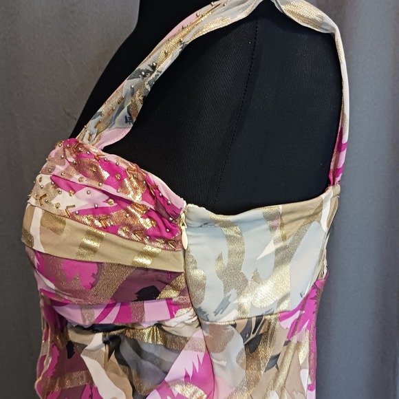 Signature by Robbie Bee Boho Pink Gold Metallic Floral Tiered Ruffle Dress 14 - Picture 6 of 8